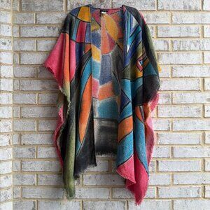 Dilemma New York Cotton Blend Multicolor Geo Raw Hem  Poncho Cover Up One Size.